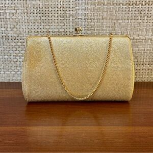 🌟HP🌟VTG 1950s-60s Gold Lamé Kiss Clasp Convertible Evening Bag Made in USA